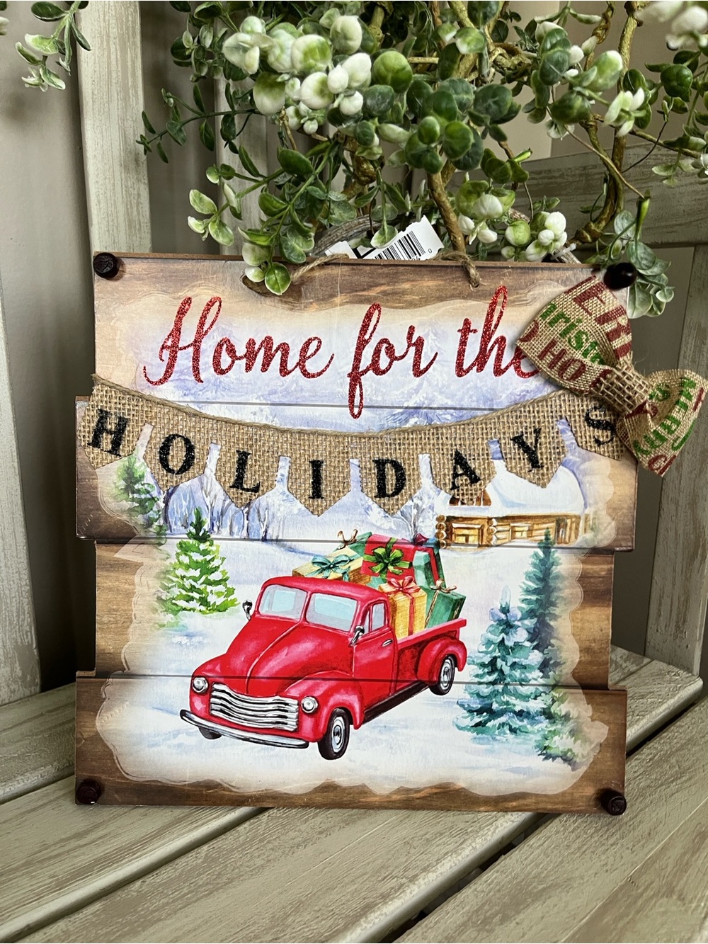 Rustic farmhouse  Red Truck Holiday Wooden Wall Sign~New~